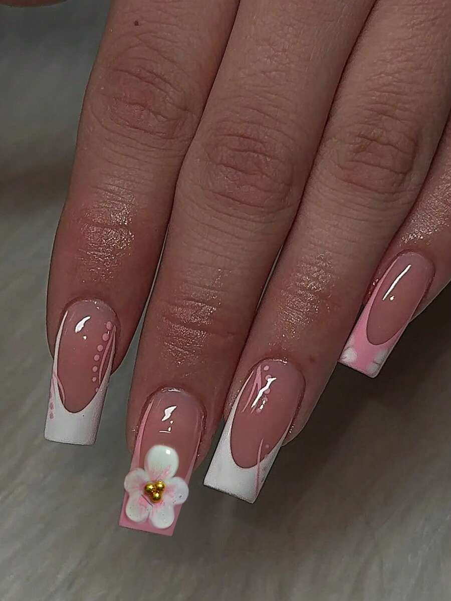 24片3D立体凝胶花瓣美甲贴纸，采用小钢珠设计，按压式法式美甲贴纸，中等粘性，亚克力假指甲套装，包含：1片果冻凝胶和1个指甲锉，易于佩戴，3D花朵凝胶美甲和粉色指甲，适合女性、女孩日常工作、派对等场合。 - 查看 1