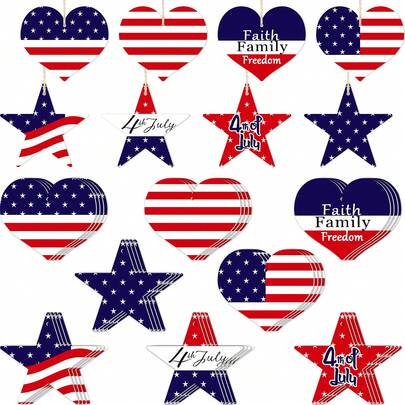 16/24/36件装木制星形和心形装饰品，独立日木制装饰品，带挂绳，适合装饰圣诞树和作为节日礼物，纪念美国独立250周年