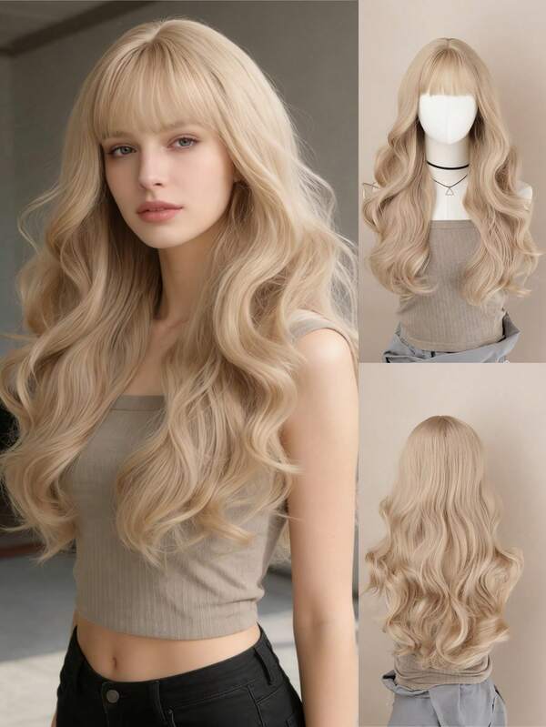 1pc Synthetic Heat-Resistant Wig, Long Curly Bangs Wig In Golden Color, 26 Inches Long, Fiber Material, Suitable For Daily Wear, Natural Looking Wig
