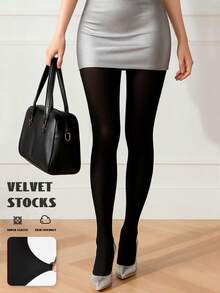 1pc Women's Black Velvet Pantyhose, High Elasticity Skin-Friendly Matte Slimming Tights, Versatile For Work And Commute - Black - View 7