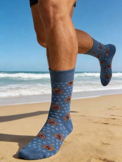 1 par de calcetines de tripulación para hombres con diseño de tortuga marina de dibujos animados, diseño de color contrastante, calcetines de moda creativos y de alta calidad, adecuados para vacaciones y regalos, calcetines delgados, transpirables y cómodos que absorben la humedad para primavera, verano, otoño, uso casual y deportivo