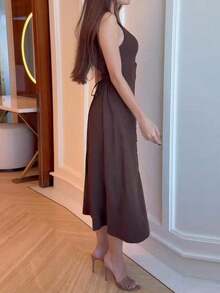 Women Elegant Sleeveless Solid Color Midi Dress Summer - 咖啡棕 - 查看 5
