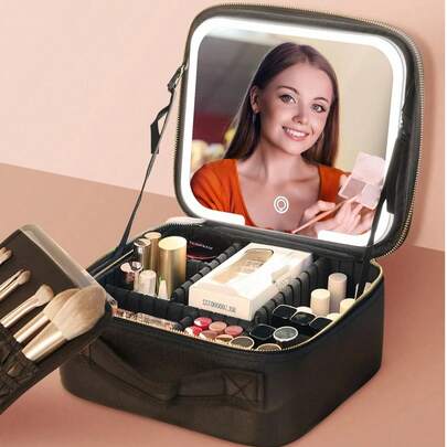 LED Lighted Makeup Mirror Travel Cosmetic Bag, Adjustable Compartment Portable Makeup Artist Storage Pouch, Makeup Brush Holder, Y2K Fashion Cosmetic Organizer For Party, Beach, Travel, Camping, Outdoor, School, Elegant Gift