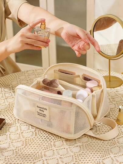 1pc Large Capacity Nylon Mesh Cosmetic Bag, Mesh Travel Toiletry Bag, Breathable Multi-Layer Cosmetic Organizer Bag, Lightweight Toiletries Storage Bag, Toiletry Bag, Travel Home Cosmetic Bag, Organization And Storage, Simple Style, Travel Accessories, Travel Essentials, Cruise Essentials, Suitable For Toiletries And Makeup Tools, Easter Gifts