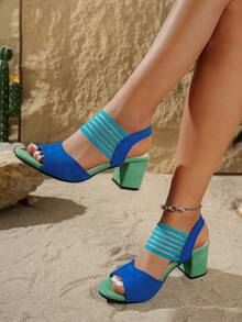 2026 Women's New Fashion Comfortable Exquisite Color-Blocking Knit Upper Elastic Band Open Toe Chunky Heel Sandals, Suitable For Summer Vacation Beach, Eye-Catching Contrast Color High Heels - Blue - View 2