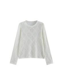 Hollow Out Cover Up Top, New Korean Style Long Sleeve Knit Sweater Outwear White - White - View 2