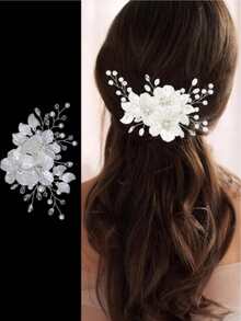 Bộ 3 kẹp tóc cưới hình hoa lớn, đính pha lê và ngọc trai, phụ kiện tóc cô dâu, trang sức đính đá lấp lấp lánh, hoa trắng dập nổi. - trắng - Xem 6