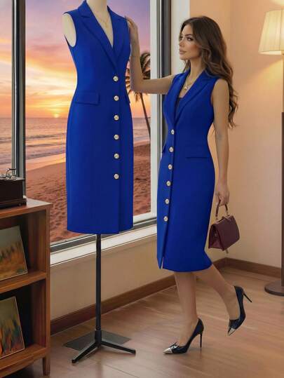 Elegant V-Neck Sleeveless Women's Suit Dress, Solid Color Slim Fit Bodycon Midi Dress, Single-Breasted, Suitable For Workwear, Business Meetings, Commuting And Casual Daily Wear, Women's Summer Dress, Spring Break Outfit