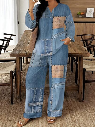 A Casual Style Linen-Like Denim Patchwork Imitation Printed Plus Size Women's V-Neck Half-Sleeve Long Pants Set For Daily Commute, Summer Wear, Birthday Gifting, Light Blue Tone