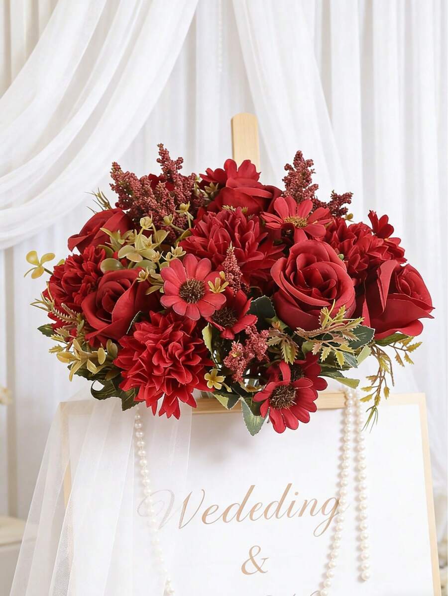 1/3 件装仿真花假玫瑰花束丝绸雏菊蒲公英散装，适用于婚礼、家居派对装饰、餐桌摆饰、情人节、礼物、生日、毕业典礼 - 紅色 - 查看 1