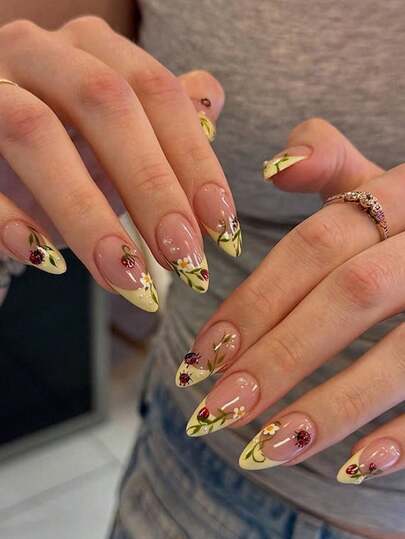 24pcs Minimalist Yellow French Style Cute Ladybug & Flower 3D Pearl Decor Almond-Shaped Press-On Acrylic Nail Stickers, Fashionable & Fresh French Manicure Stickers To Make Your Fingertips Shine Brighter! Manicure Set Includes Gel Polish And Nail File, Suitable For All Women, Spring Nails