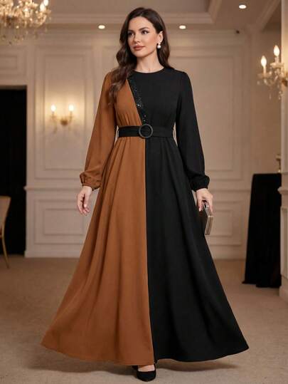 女士现代时尚撞色阿拉伯长袍，高腰镶钻长袍，端庄优雅的春季黑色款