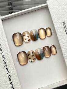 10 Peças Unhas Feitas à Mão Quadradas e Redondas, Unhas Acrílicas Coladas, Curtas e Médias, Minimalismo Marrom, Unhas Brilhantes de Olho de Gato, Padrão de Leopardo Verde e Marrom Degradê, Unhas Elegantes e Simples Artesanais de Luxo para a Primavera, Unhas de Verão, Estilo Moderno, Unhas Versáteis DIY para Festa, Uso Diário e Encontros, Praia e Férias Tropicais, Reutilizáveis, para Mulheres e Meninas como Presente, Suprimentos de Unhas - Multicolorido - Visão 5