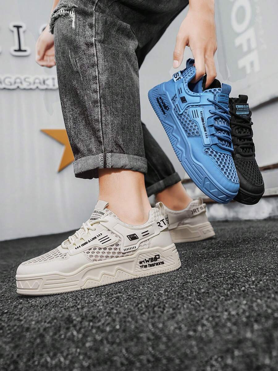 男士厚底运动鞋，街头字母印花透气网面鞋，休闲夏季运动鞋 - 米色 - 查看 1