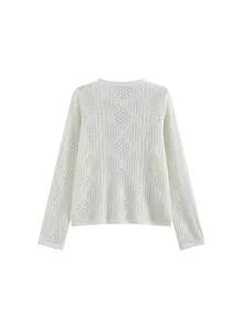 Hollow Out Cover Up Top, New Korean Style Long Sleeve Knit Sweater Outwear White - White - View 3