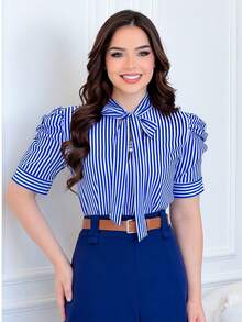 Short-Sleeved Striped Blouse With Puff Sleeves, Bow, And Button. - Blue - View 3