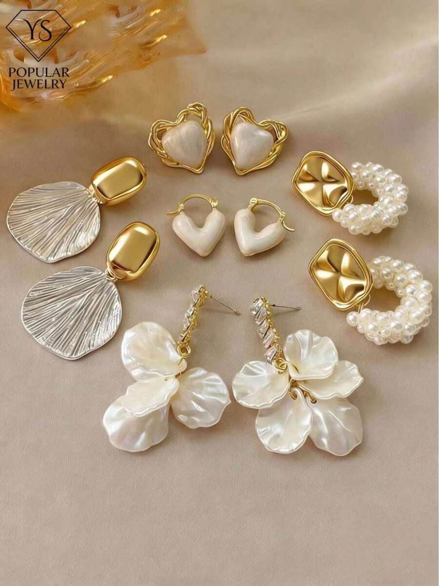 10只/5对甜美温柔水钻花瓣仿珍珠水滴心形耳钉，时尚百搭耳环套装，适合日常佩戴和送礼 - 金色-白色(5對) - 查看 1