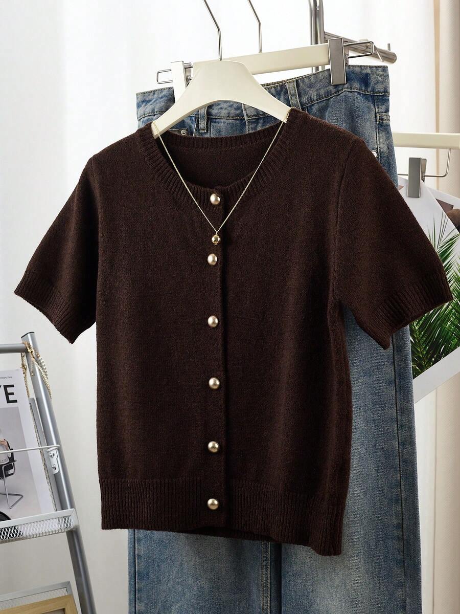 Women's Gray Button Cardigan - Casual Fashionable Short Sleeve Cardigan, Stretchy, H-Shaped Silhouette, Suitable For Spring And Summer, Ribbed Detail Design, Button Closure, Breathable Fabric, Cardigan Style, Essential Spring/Summer Item