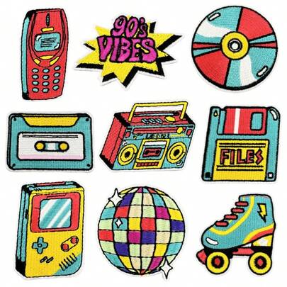 1张涂鸦布贴纸，创意行李箱装饰，刺绣复古收音机电话图案，欧美个性化贴纸