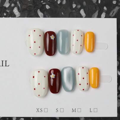 10片装Y2K风格极简可爱手工美甲贴纸，全覆盖，适合女性，可移除可重复使用，椭圆形，白色、红色、黄色和蓝色猫眼图案，手绘花卉图案和红色波点，是女孩和职业女性的理想之选，也是节日送礼的绝佳选择。