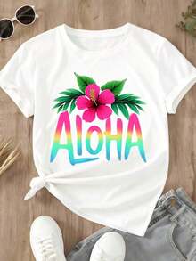 Aloha Summer Festival Women Plus Size Short Sleeve T Shirt Tropical Flower And Rainbow Text Design Beach Vacation Party Wear - 白色 - 查看 2