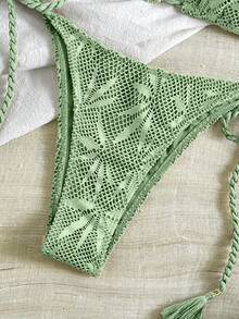 Bikinx Bộ bikini hai mảnh phong cách Bohemian mùa hè dành cho nữ: Áo bikini tam giác bằng vải lưới in họa tiết lá và quần bikini buộc dây tua rua. Thích hợp cho kỳ nghỉ. - Màu xanh Bạc hà - Xem 3