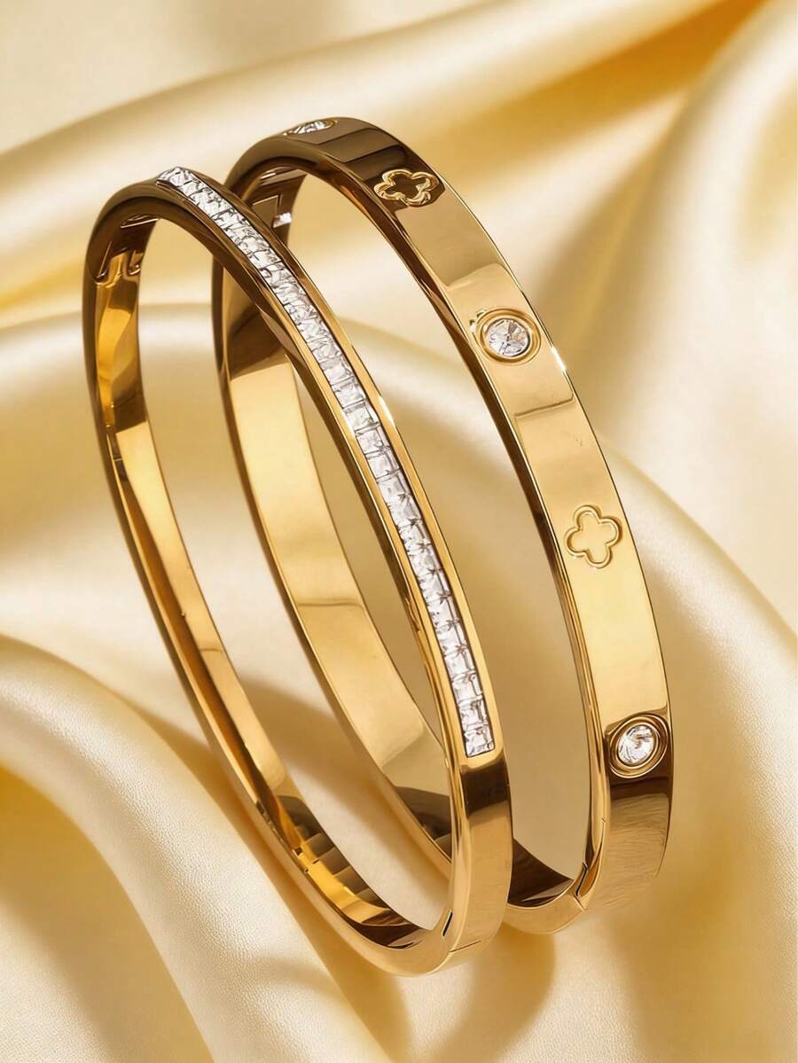 两件套18K镀金四叶草手链,镶嵌单排钻石,防水防褪色,适合女士日常佩戴 - 金色 - 查看 1