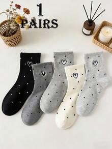 1/5 Đôi tất nữ cao đến bắp chân họa tiết trái tim và chấm bi tối giản, tất jacquard thời trang Nhật Bản mới, phù hợp để mặc hàng ngày. - Nhiều màu - Xem 7