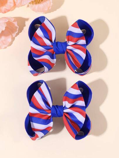 2pcs 4th Of July Independence Day Memorial Day Bowknot Hair Clips,Red White And Blue Grosgrain Fabric Hair Bows,Fashion Hair Barrettes For Girls Teens Best Friend Festival Party Gifts