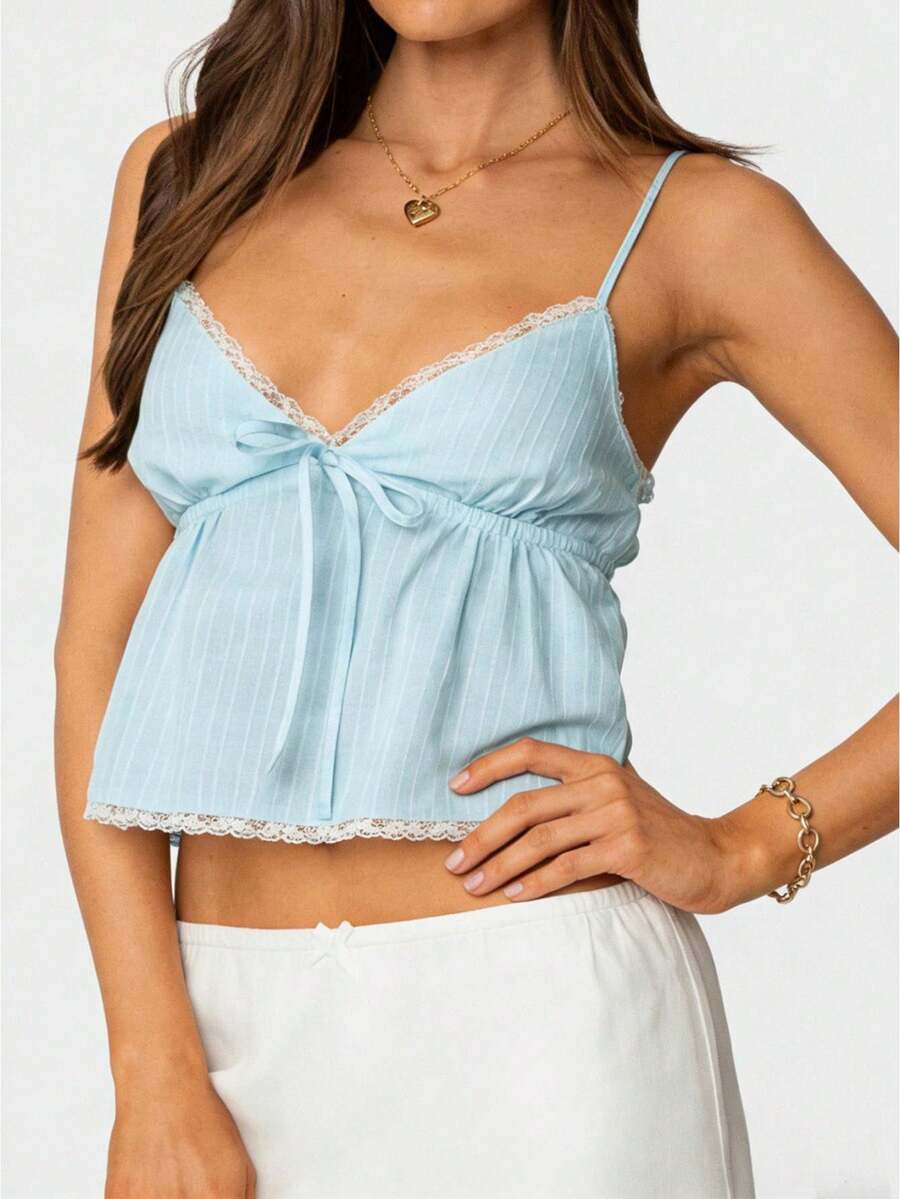 Women V Neck Y2k Babydoll Top Fairy Camisole Summer Ruffle Hem Tanks Cute Sleeveless Going Out Camis Shirt - Blue - View 1