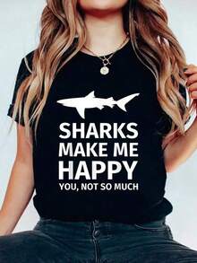Shark Gifts For Shark Lovers - Funny Sharks Happy T-Shirt, Short Sleeve Casual Top For Spring & Summer, Women's Clothing - Black - View 6