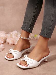 Women's Elegant Solid Color High Heel Sandals, PU Leather & Mesh Splice, Suitable For Beach, Party, Outdoor In Summer - White - View 5
