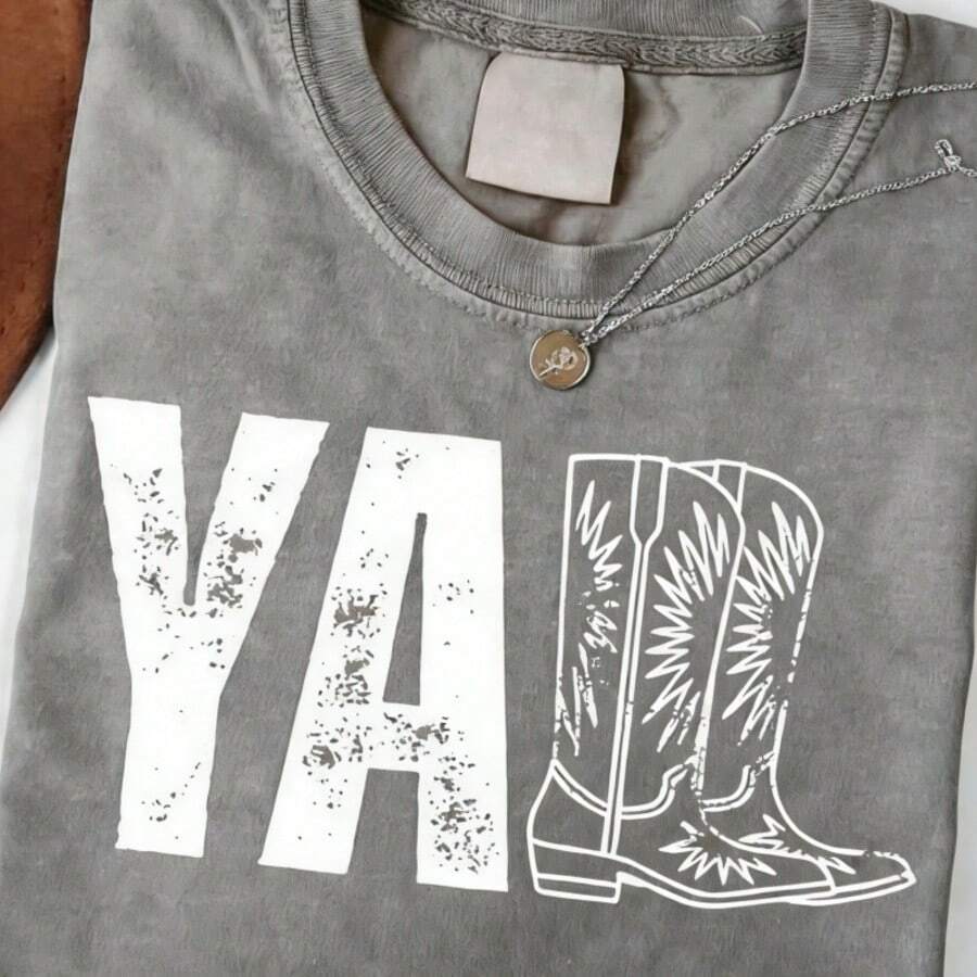 2026 Tops For Women, Washed Cotton Women's T-Shirt, Vintage Western Print Women's T-Shirt, Southern Country Cowgirl Shirt, Cowboy Boot Style, Cute Cowboy Rodeo Country Concert Outfit T-Shirt, Cute And Stylish T-Shirt, Universal Loose Bohemian Style T-Shirt, Local Warehouse, Elegant And Cute Women's Clothing, Loose And Comfortable Summer Tops - 灰色 - 查看 1