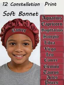 1pc Kids' Unique Constellation Cap: Burgundy Satin Hair Care Cap 12 Constellation Logo Practical & Eye-Catching Essential For Home - Burgundy - View 1