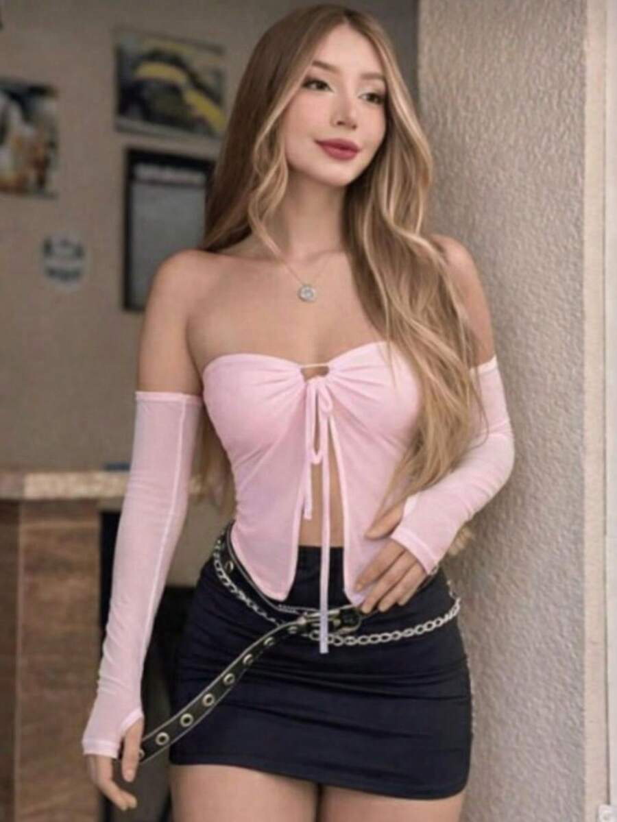 Strapless, Off-The-Shoulder Cropped Top With Padded Cups And Glove Sleeves. - Baby Pink - View 1