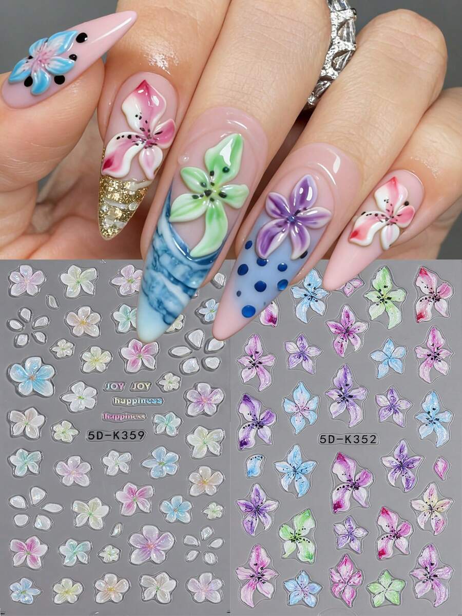 5D热带芙蓉花美甲贴纸 – 彩色浮雕极光炫彩花卉设计,带自粘滑扣,夏季美甲装饰,DIY美甲用品,适合女性、美甲师和家庭沙龙套装,2片装 - 彩色 - 查看 1