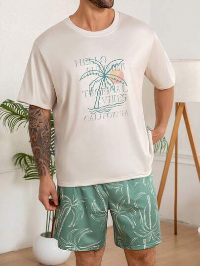 加大码男士休闲睡衣套装，圆领短袖上衣和短裤，轻盈舒适的夏季家居服