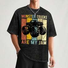 1 Piece "Monster Trucks Are My Jam" Retro Washed T-Shirt, For Off-Road Enthusiasts, Vintage Retro Style, Lively & Colorful, Ideal For Off-Road Event Outfits And Car Fan Gifting. - màu đen - Xem 5