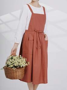 1pc Solid Color Apron With 2 Pockets, Casual Home Style Long Dress With Side Slit, Waist Tie, Cooking Smock, Suitable For Various Occasions - Multicolor - View 5