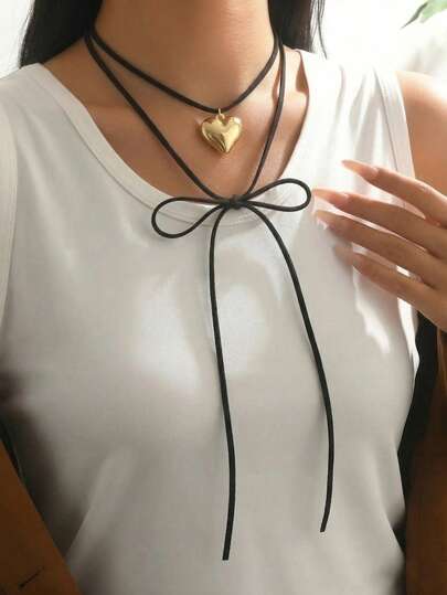 1 pieza Collar ajustable vintage exagerado de varios niveles con corazón y moño negro, adecuado para uso diario, regalos, fiestas, vacaciones y banquetes