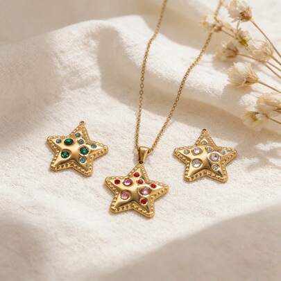 1 件 304 不锈钢镀 18K 金镶钻五角星吊坠 女士吊坠 DIY 饰品项链制作配件 女士不锈钢饰品 适合女士日常佩戴