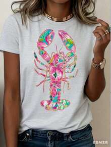 Women's Lobster Pattern T-Shirt - Soft Pink And Turquoise Coastal Print, Loose Fit, Short Sleeves, Round Neck, Lightweight And Breathable Summer Beach Party Top, Vibrant Lobster Design, Women's Casual Everyday Shirt, Machine Washable,  Gift Choice (New Stylish T-Shirt) - 灰色 - 查看 1
