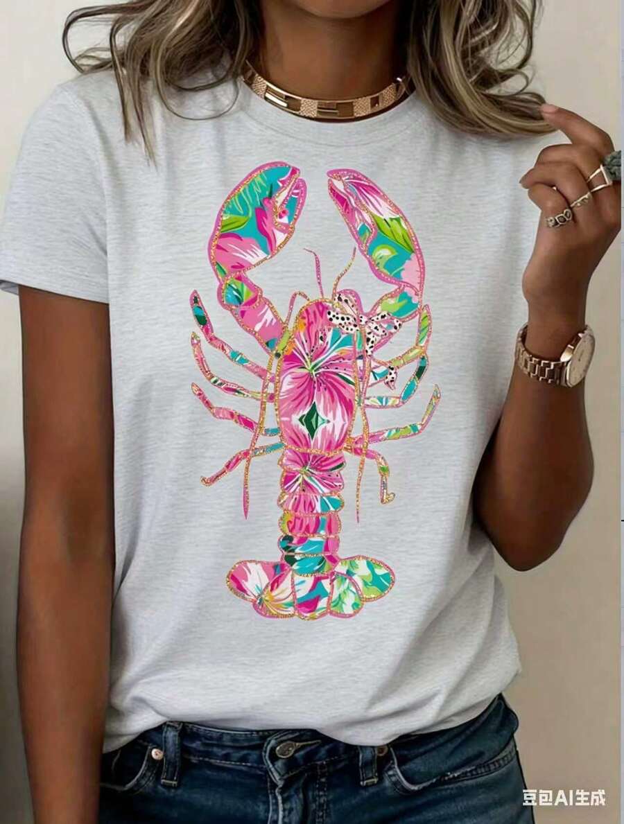Women's Lobster Pattern T-Shirt - Soft Pink And Turquoise Coastal Print, Loose Fit, Short Sleeves, Round Neck, Lightweight And Breathable Summer Beach Party Top, Vibrant Lobster Design, Women's Casual Everyday Shirt, Machine Washable, Gift Choice (New Stylish T-Shirt) - 灰色 - 查看 1