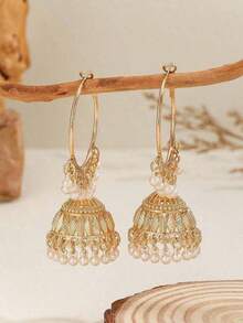1 Pair Fashionable Faux Pearl Hoop Earrings With Bell Pendants, Simple Solid Color, Elegant Earrings Design, Suitable Women Daily, Festival, Wedding And Party Wear/Jewelry HOJ7 - 金子 - 查看 10