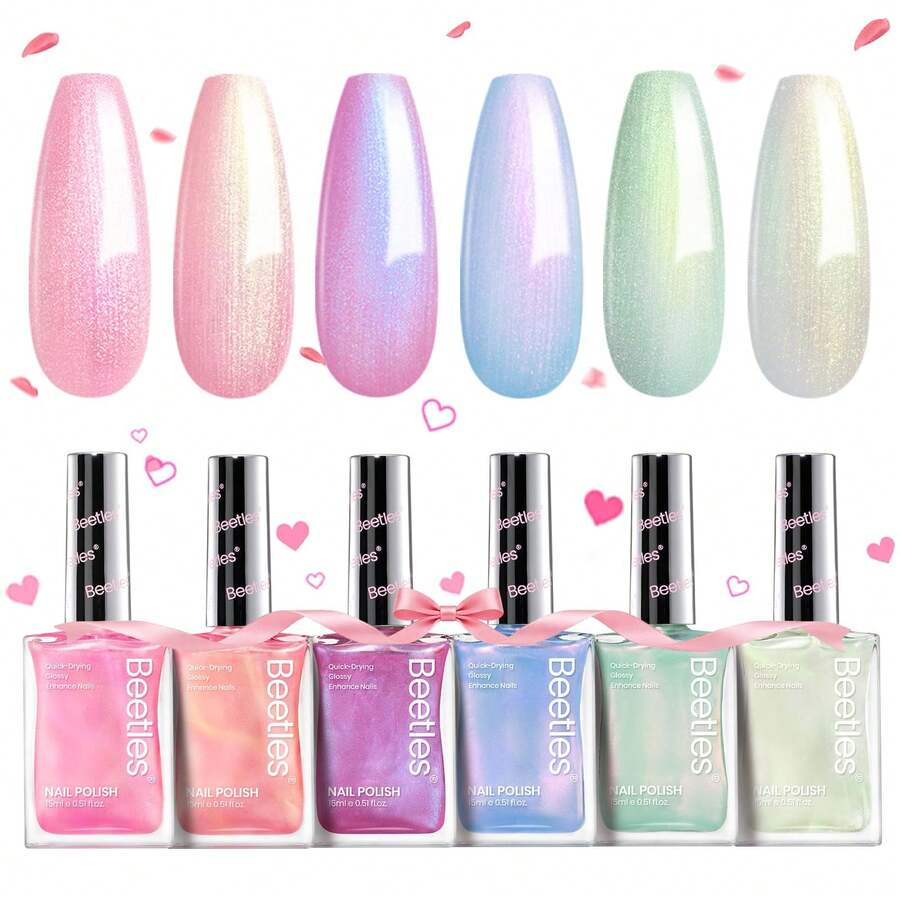 Beetles 6 Colors 7.5ml/0.25 Fl Oz Nail Polish Set - Love In Echo Quick Dry Spring Formula, Salon Long Lasting DIY Pastel Nail Art Gifts For Women - Màn che lấp lánh 6 màu - Xem 1