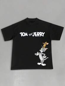 Strevion OBM Men X TOM & JERRY 男士简约绅士 Jerry & Tom 印花圆领短袖T恤，夏季款 - 黑色 - 查看 1