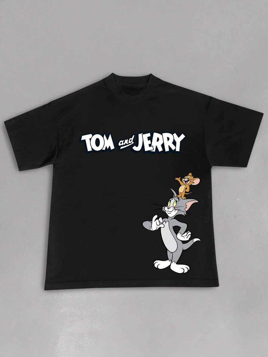 Strevion OBM Men X TOM & JERRY 男士简约绅士 Jerry & Tom 印花圆领短袖T恤，夏季款 - 黑色 - 查看 1