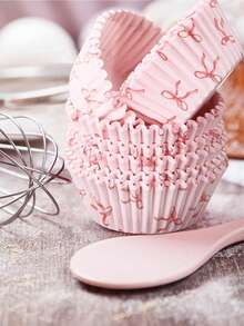 100pcs Pink Bow Print Cupcake Liners, Grease-Proof Baking Cups With Ruffled Edges, Suitable For Muffins And Cupcakes, Great For Mother's Day, Birthday, Baby Shower And Party Dessert Decoration. - Pink - View 2