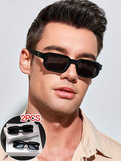 2PCS Men's Square Eyeglass Frames, Minimalist Elegant Casual Retro Versatile Fashion Glasses, Daily Wear Street Style Travel Vacation Outfits, With Glasses Box