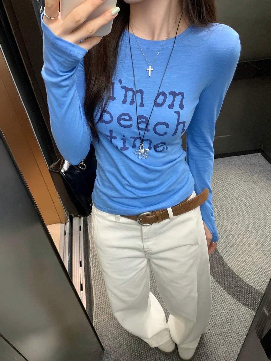 Women's Sweet Raglan Sleeve Fitted Floral Print Crew Neck Long Sleeve T-Shirt Spring - Blue - View 1